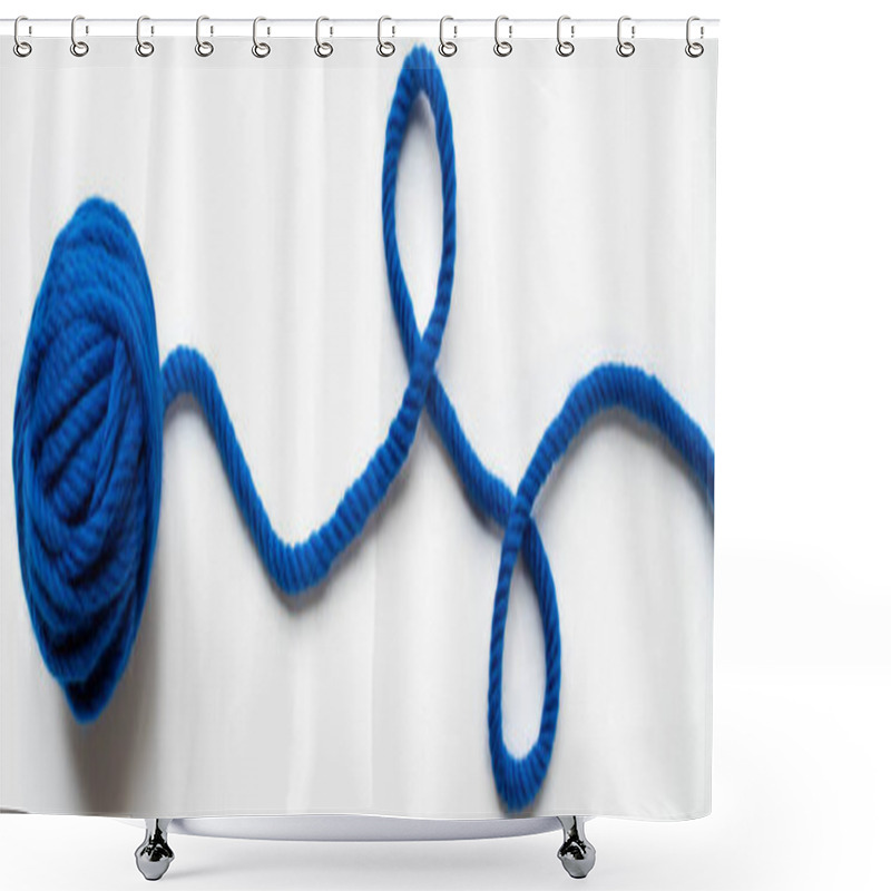 Personality  Top View Of Blue Wool Yarn On White Background, Panoramic Orientation Shower Curtains