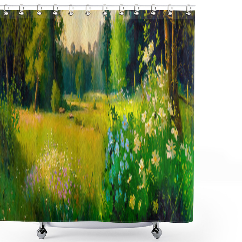 Personality  Watercolor Paintings Landscape With Flowers, Morning In The Forest. Artwork, Fine Art. Shower Curtains