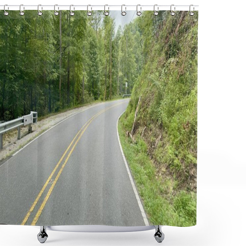 Personality  Driving Through The Woods At A In The Pisgah National Forest Near Marion, North Carolina USA Close To The Blue Ridge Parkway. Shower Curtains