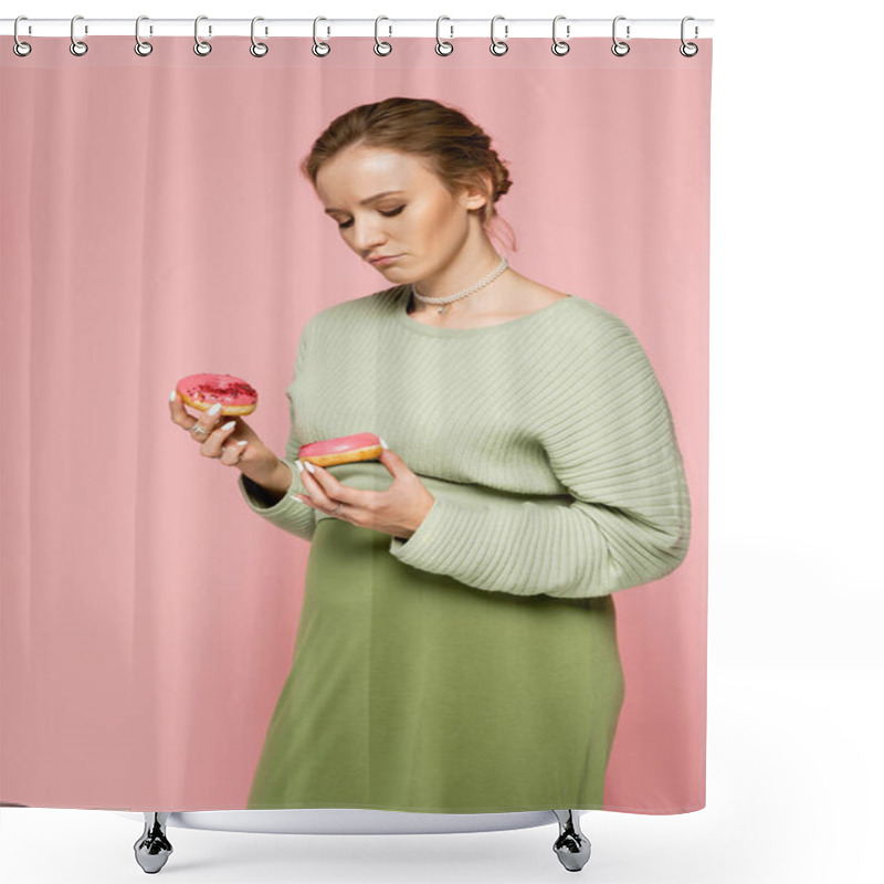 Personality  Pensive Pregnant Woman Holding Sweet Donuts Isolated On Pink  Shower Curtains