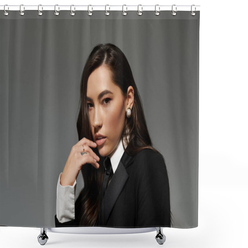 Personality  A Striking Young Woman Poses Confidently In Elegant Attire Against A Grey Studio Backdrop. Shower Curtains