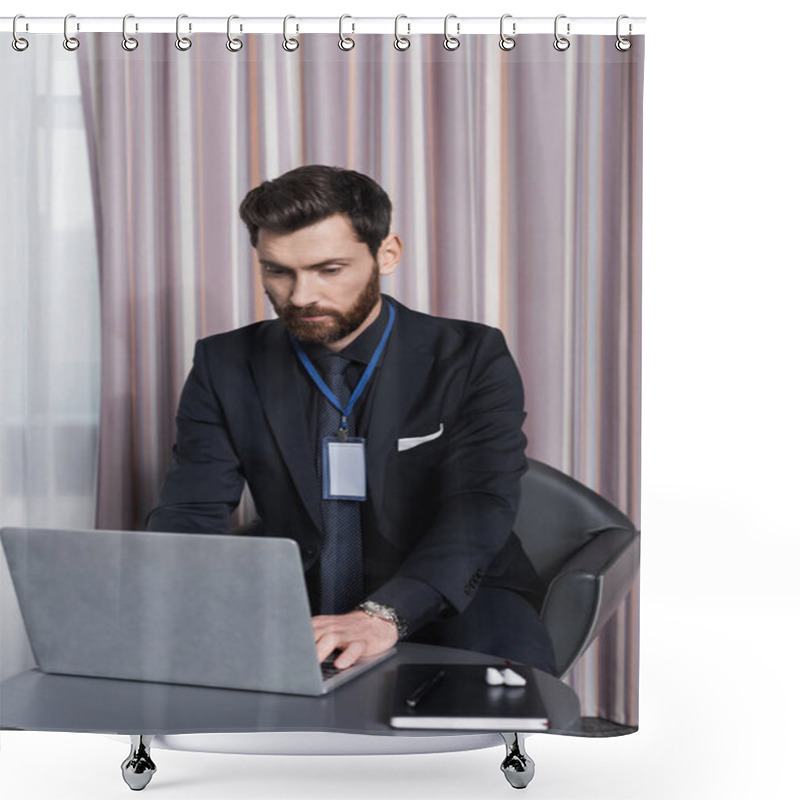 Personality  Bearded Businessman With Id Badge Using Laptop In Hotel Room Shower Curtains