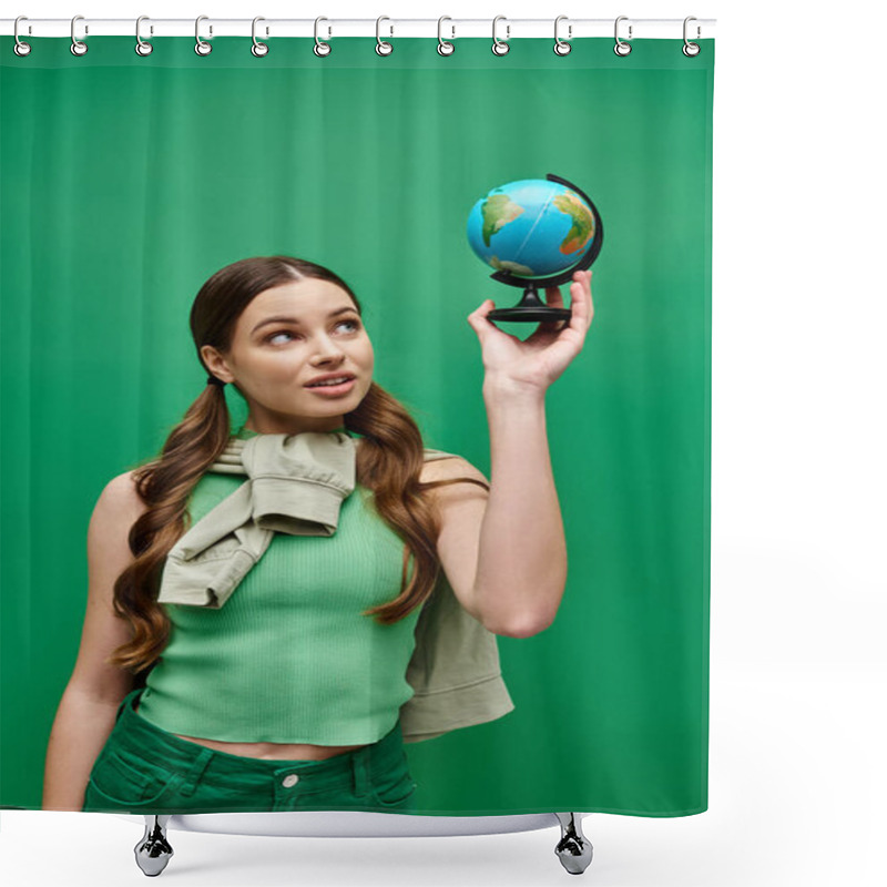 Personality  A Young Woman In Her 20s Holds A Small Globe In Her Hand, Contemplating The Worlds Beauty And Complexity. Shower Curtains