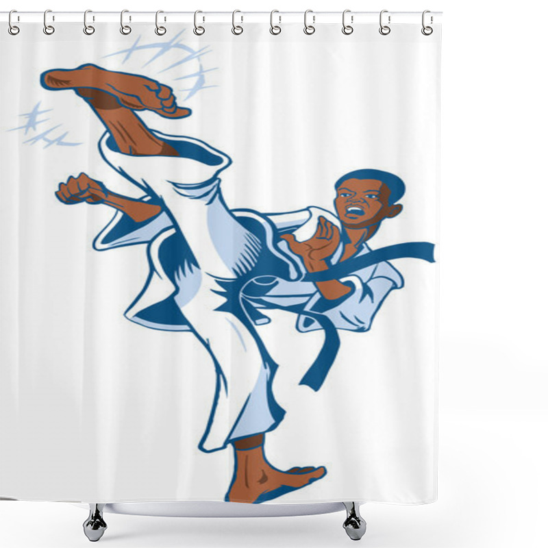 Personality  Teen Boy Martial Artist Kicking Vector Clip Art Illustration Shower Curtains