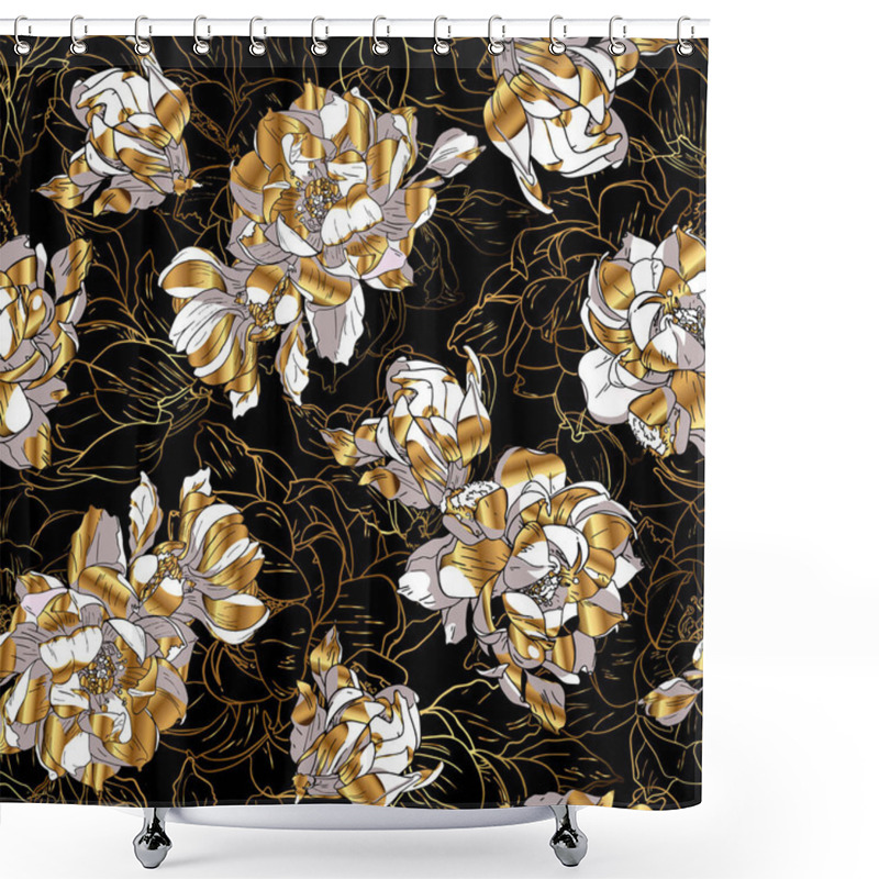 Personality  Seamless Floral Pattern Golden Magnolia, Peonies Flowers On A Black Background. Textile Composition, Hand Drawn Print Style. Vector Illustration Shower Curtains