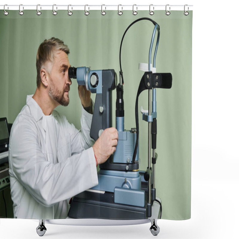 Personality  A Man Intensely Examines Someones Vision. Shower Curtains