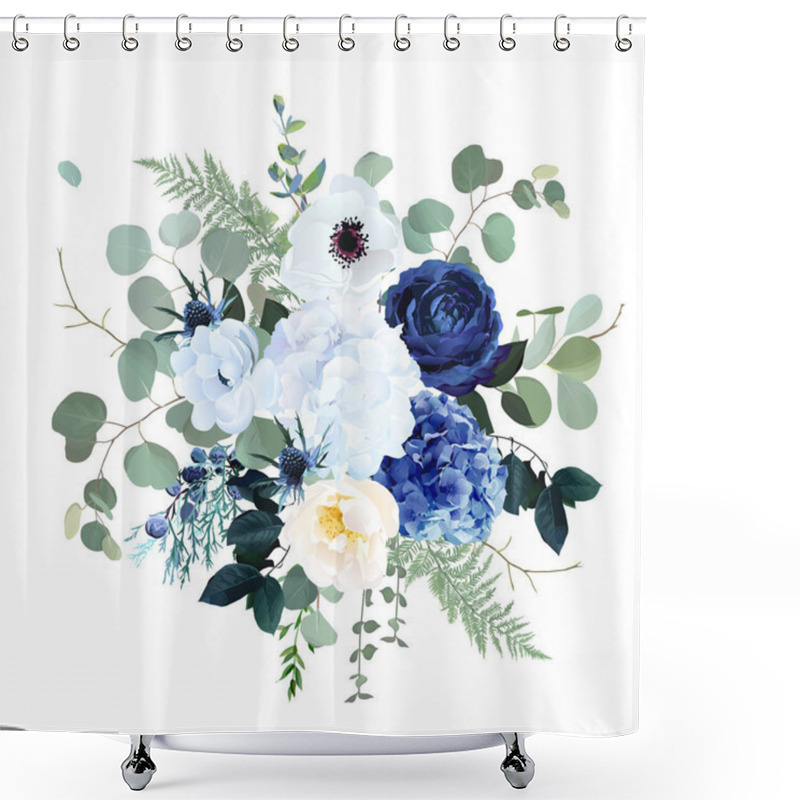 Personality  Classic Blue Rose, White Hydrangea, Ranunculus, Anemone, Thistle Flowers, Emerald Greenery Shower Curtains