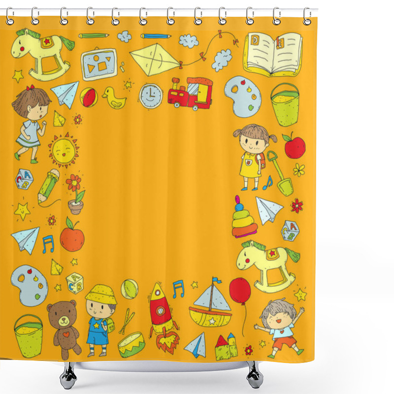 Personality  Kindergarten Nursery Preschool School Education With Children Doodle Pattern Kids Play And Study Boys And Girls Kids Drawing Icons Space, Adventure, Exploration, Imagination Concept Shower Curtains