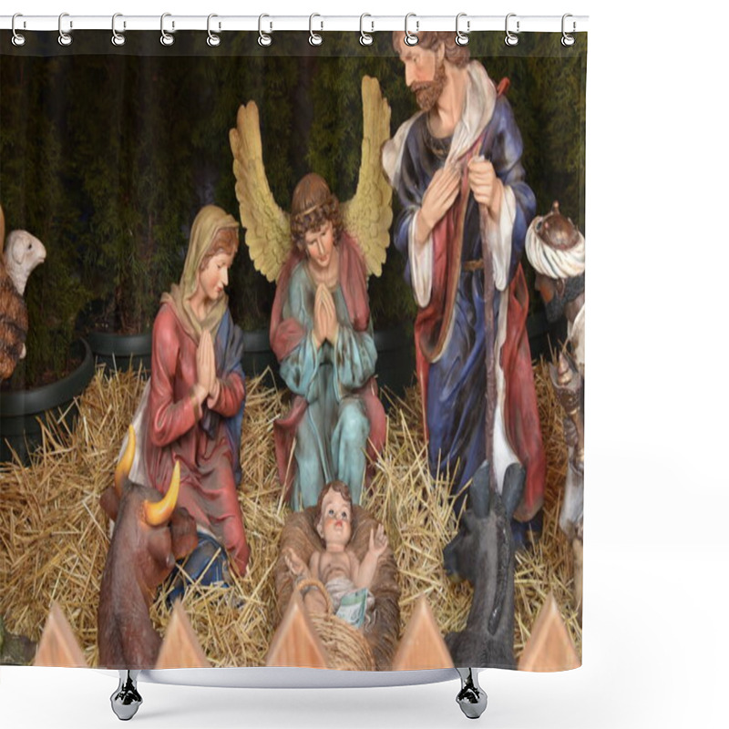 Personality  Nativity Scene With Holy Statues, Christmas Concept Shower Curtains