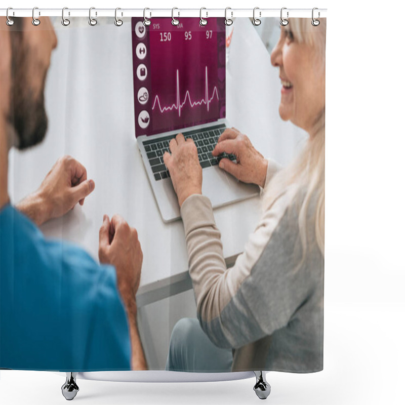 Personality  Cropped Shot Of Young Man And Smiling Senior Woman Using Laptop With Health Monitoring Application On Screen Shower Curtains