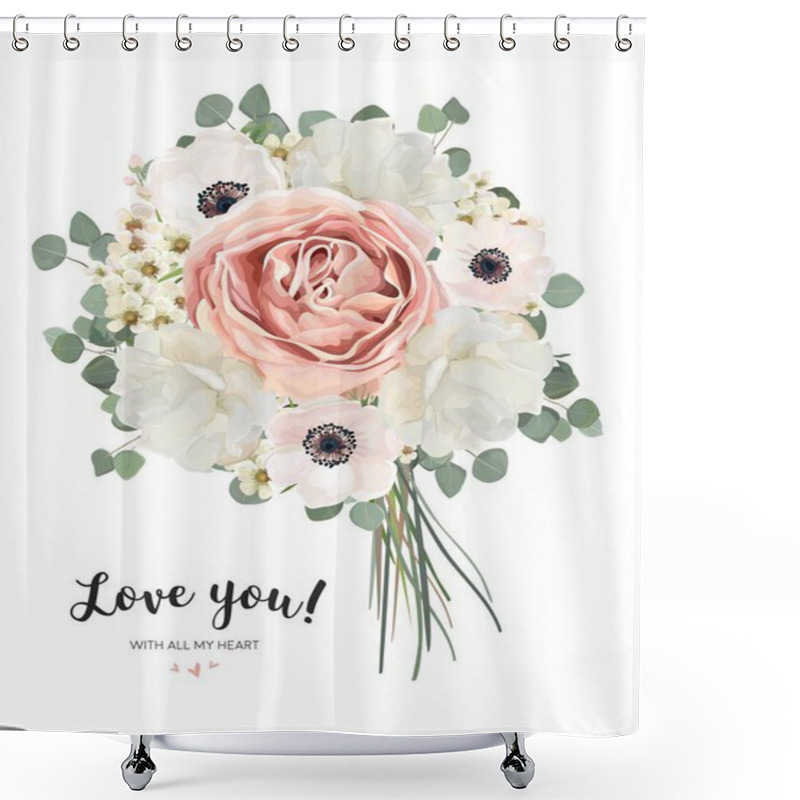 Personality  Flower Bouquet Floral Bunch, Vector Card Design With Bouquet Of Peach, Pale Pink Anemone White Garden Rose Flowers, Wax Eucalyptus Branch Greenery. Rustic Elegant Wedding Invite. All Elements Editable Shower Curtains