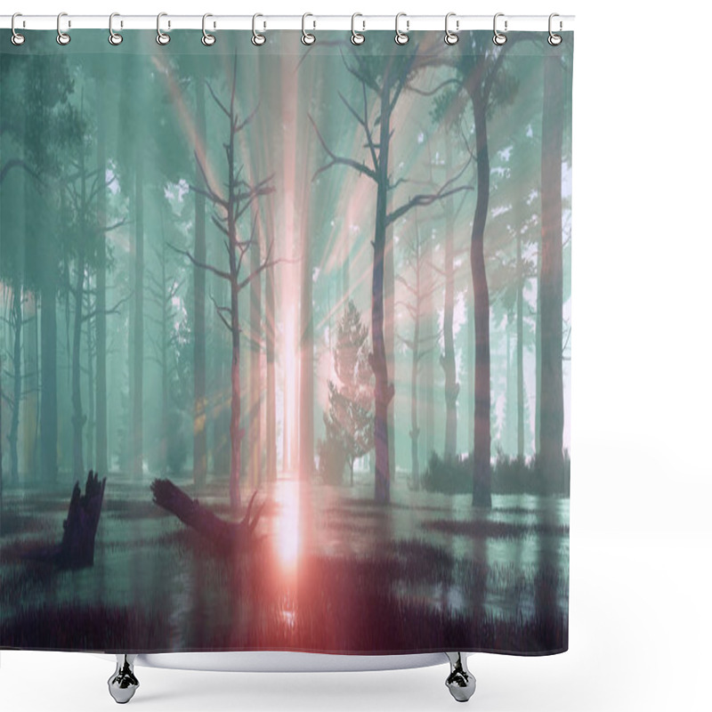 Personality  Sunset Rays In Swampy Forest At Misty Dawn Or Dusk Shower Curtains