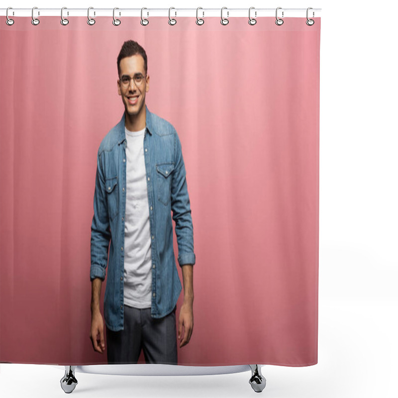 Personality  Handsome Young Man Smiling At Camera On Pink Background Shower Curtains