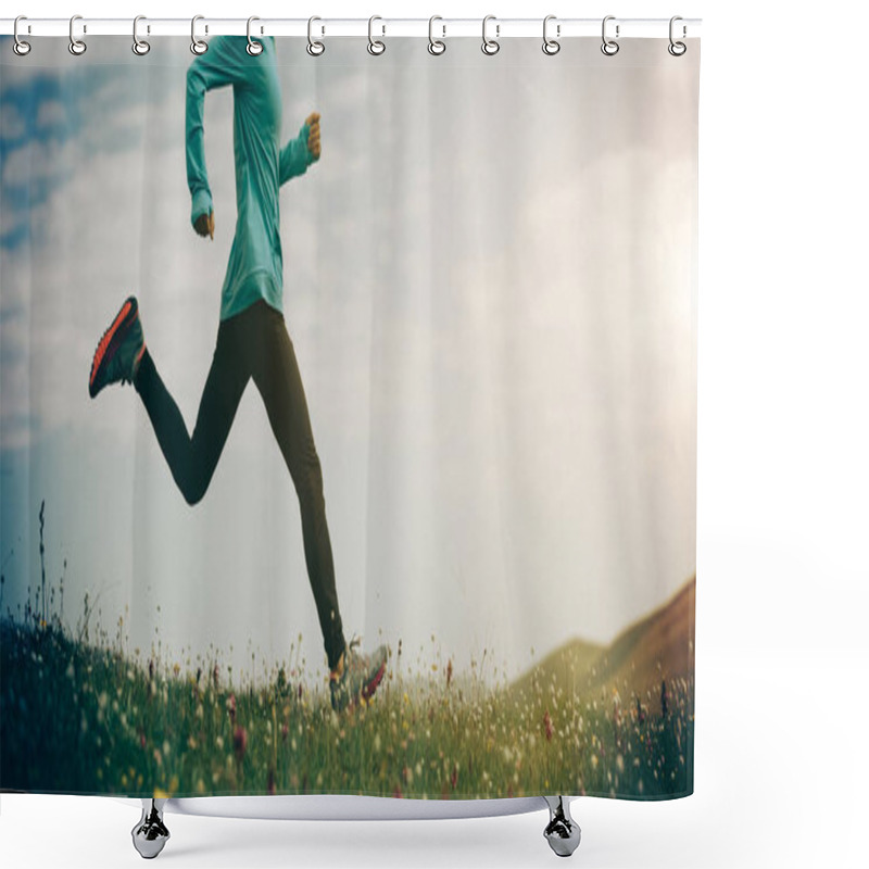 Personality  Young Fitness Woman Runner Running On Mountain Grassland  Shower Curtains