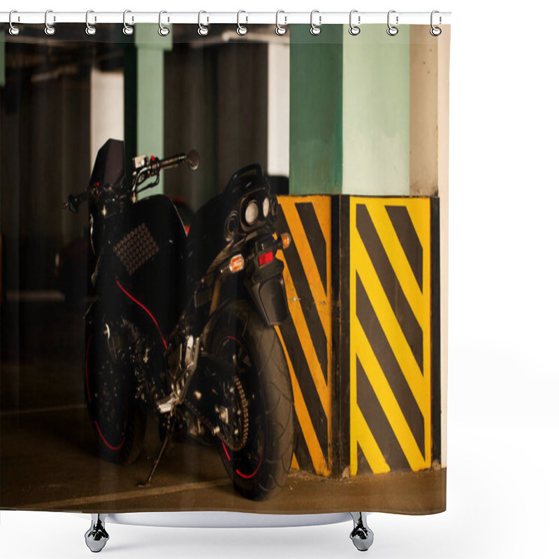 Personality  Black Motorcycle On The Background Of Underground Parking. Shower Curtains