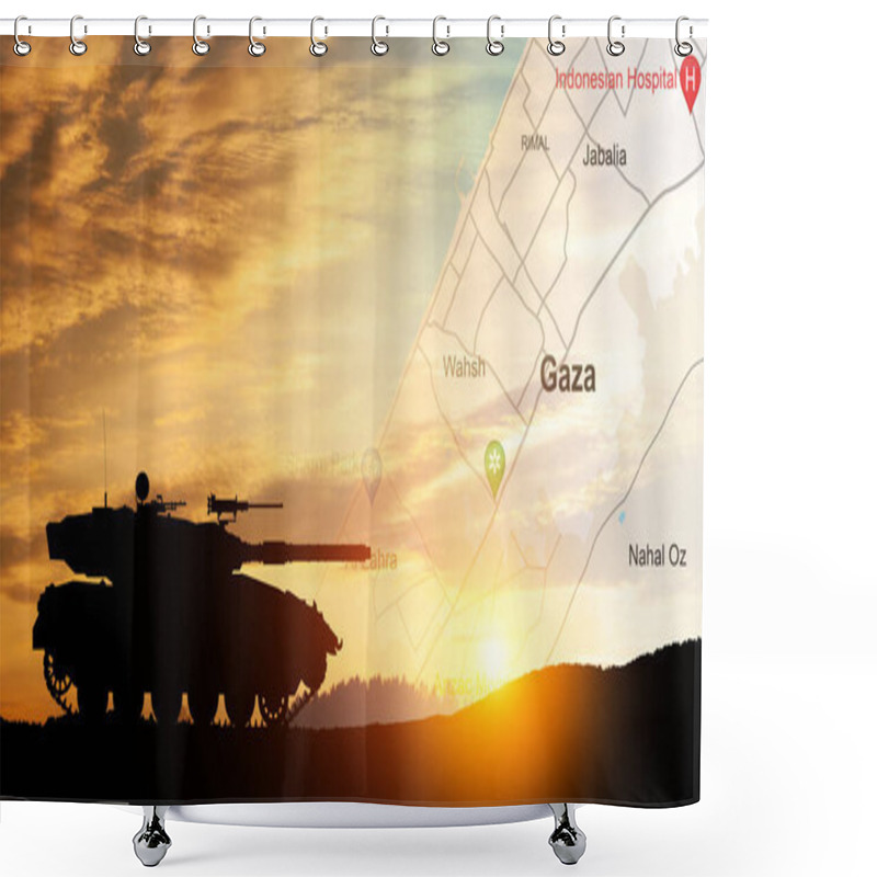 Personality  Silhouette Of Army Tank At Sunset Sky Background With Map Of Gaza. Israeli Ground Operation In Gaza. Shower Curtains