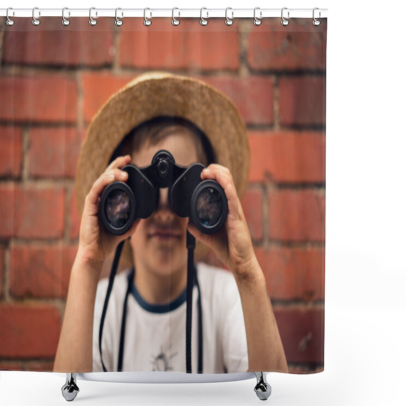 Personality  Boy In A Straw Hat Looks In Binoculars Shower Curtains