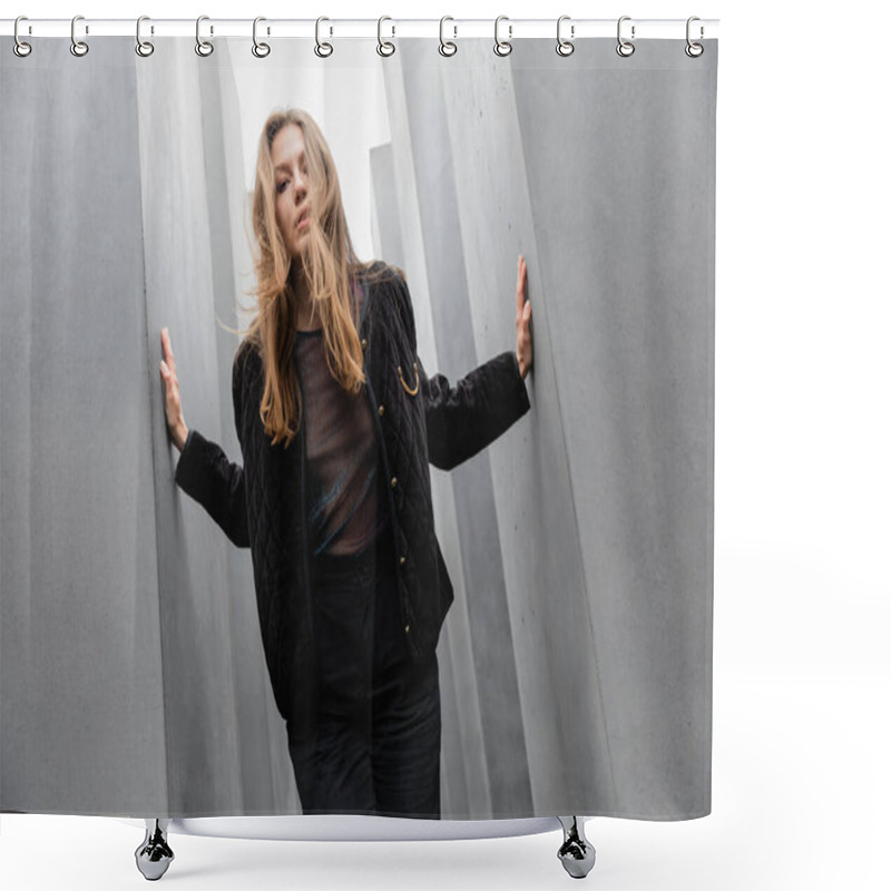 Personality  Fair Haired Woman In Black Jacket Standing Between Memorial To Murdered Jews Of Europe In Berlin Shower Curtains