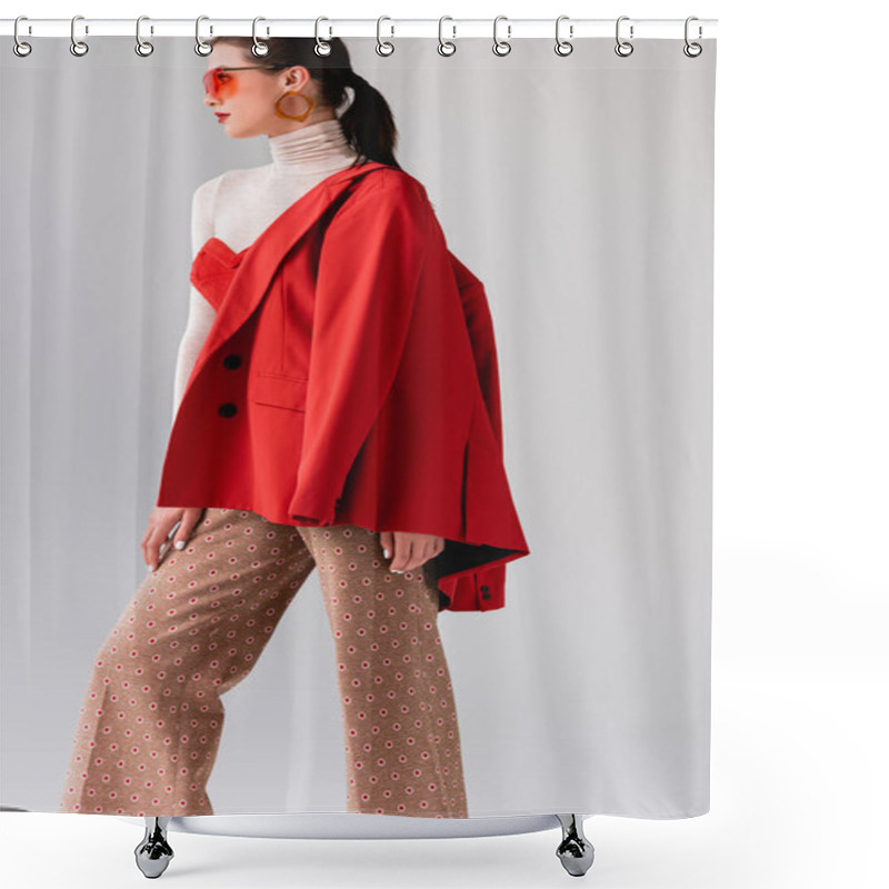 Personality  Elegant Girl With Red Blazer On Shoulder Looking Away While Posing Isolated On Grey Shower Curtains