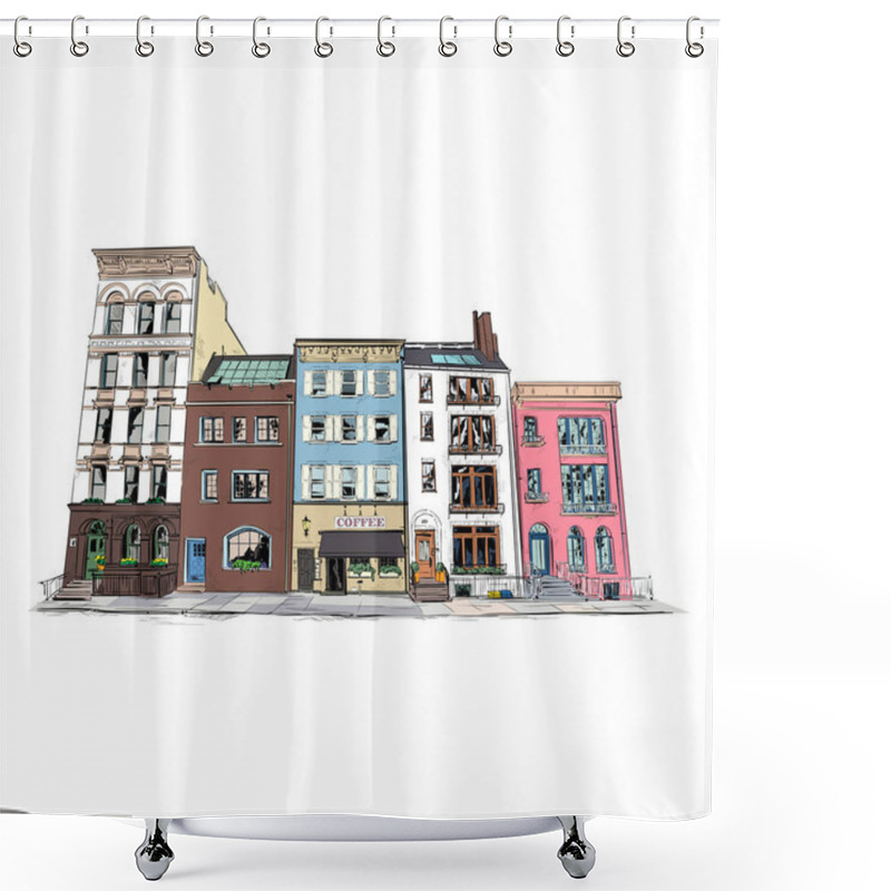 Personality  Hand Drawn Illustration Of A Cityscape. Vector Background. Shower Curtains