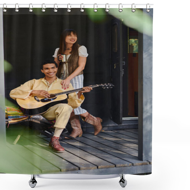 Personality  A Man And A Woman Sit On A Porch, Strumming A Guitar And Enjoying Each Others Company In A Serene Setting. Shower Curtains