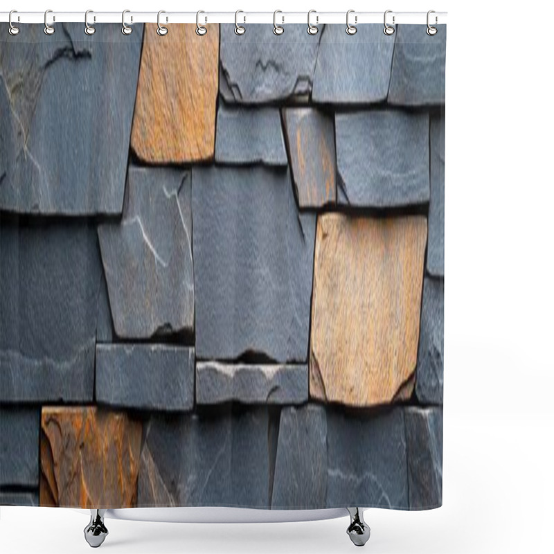 Personality  Close-up View Of A Textured Stone Wall Showcasing Irregularly Shaped Gray And Orange Stones, Highlighting Natural Patterns And A Rustic Architectural Style. Shower Curtains