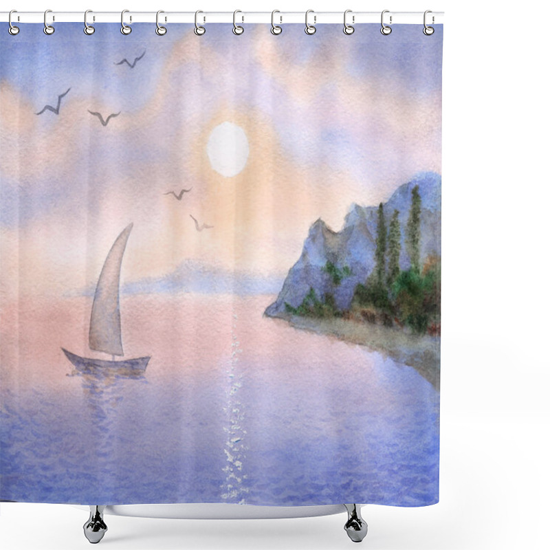 Personality  Colorful Romantic Handmade Watercolour On Paper Backdrop And Space For Text On Pink Gloaming Heaven. Vivid Blue Cumulus Over Light Sunlight Reservoir. Scenic Purple Bay At Seaboard Waterside Bank View Shower Curtains