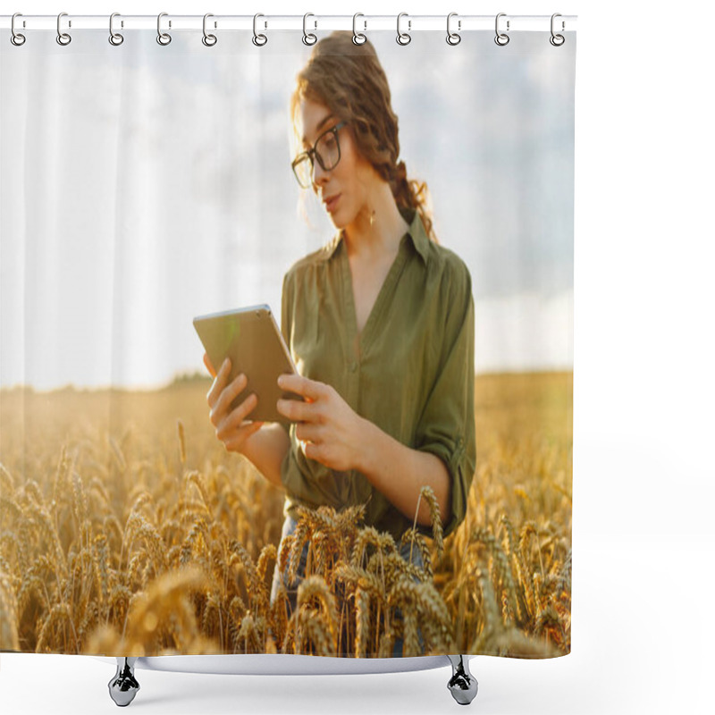 Personality  European Female Farmer In Shirt Holding A Tablet And Checking Wheat Quality. Agriculture, Gardening, Business Or Ecology Concept. Shower Curtains