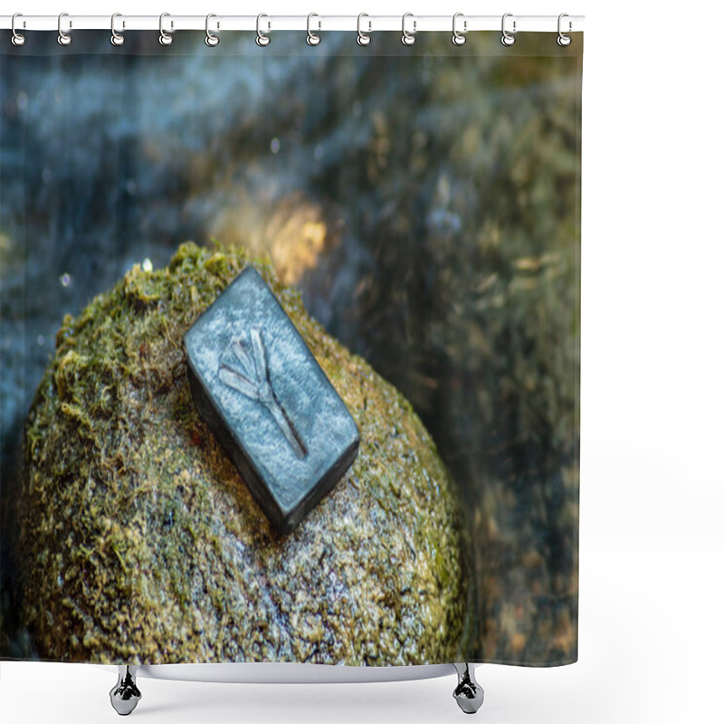 Personality  Norse Rune Algiz On The Stone And The Evening River Background. Protection, Help Of The Gods. Shower Curtains