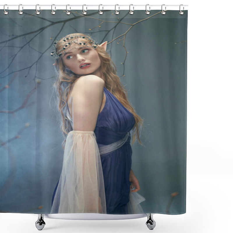 Personality  A Young Woman Dressed In A Stunning Blue Gown And A Royal Tiara, Embodying The Essence Of A Fairy-tale Elf Princess. Shower Curtains