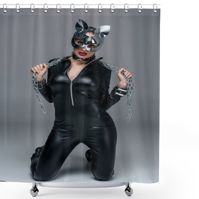 Personality  Kinky Woman In Sexy Costume Holding Chain On Grey Background Shower Curtains