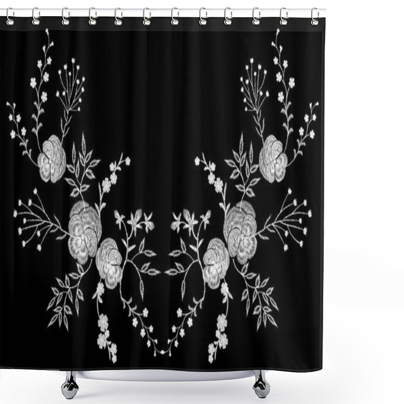 Personality  Embroidery White Lace Pancies Floral Reflection Small Branches Wild Herb With Little Blue Violet Field Flower Traditional Folk Fashion Patch Design Neckline Black Background Vector Illustration Shower Curtains