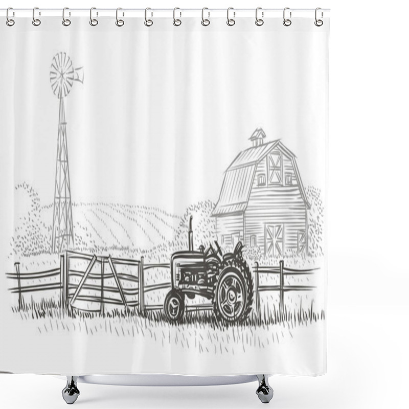 Personality  Rustic Farm Landscape Hand Drawn Illustration. Vector. Shower Curtains