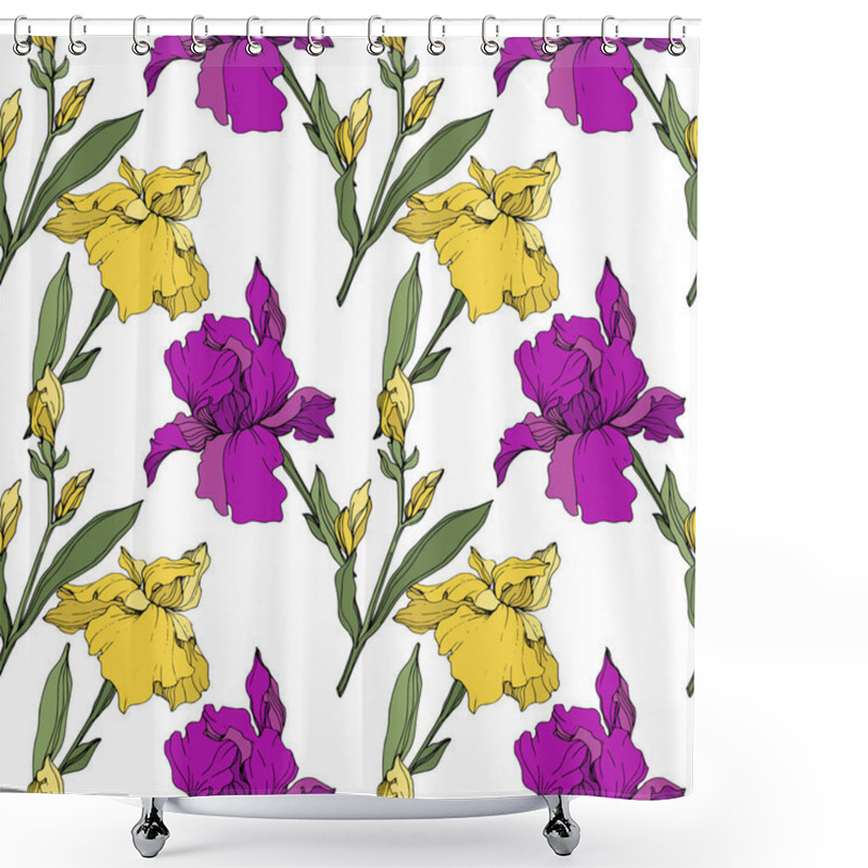 Personality  Vector Purple, Yellow And Blue Iris. Floral Botanical Flower. Wild Spring Leaf Wildflower Isolated. Engraved Ink Art. Seamless Background Pattern. Fabric Wallpaper Print Texture. Shower Curtains