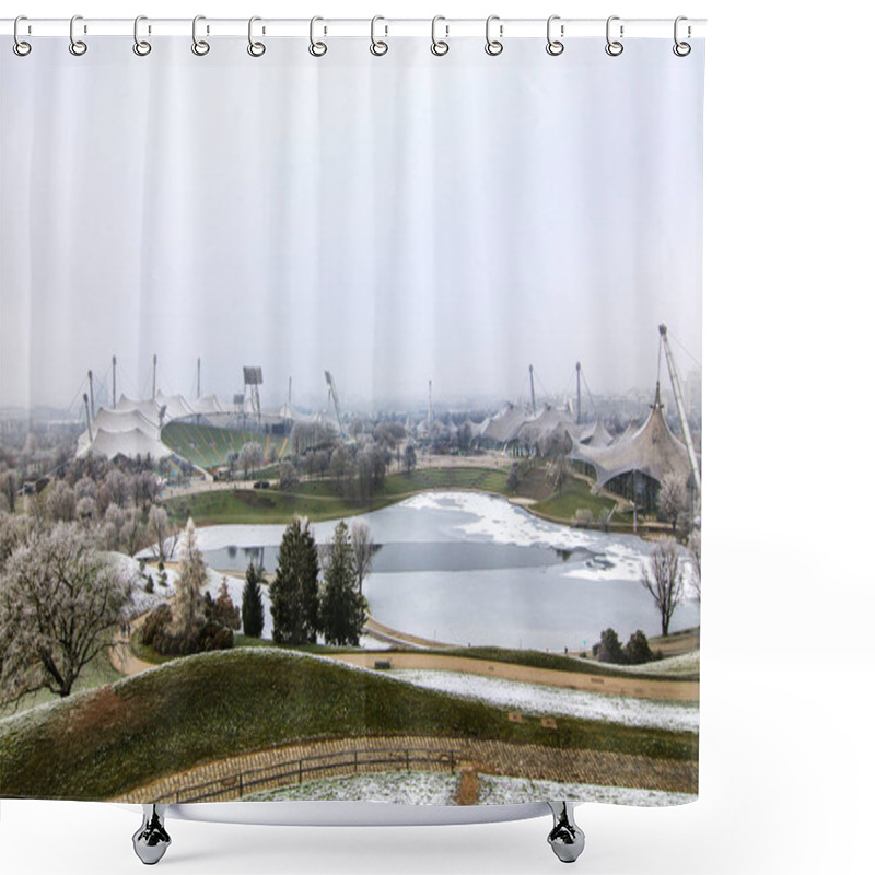 Personality  Olympia Park Stadium From The Top Of The Hill In Munich, Germany During Winter Shower Curtains