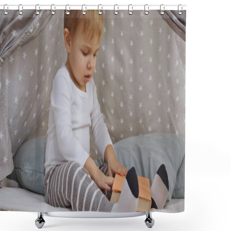 Personality  Curious Toddler Boy Sitting In Baby Wigwam And Holding Book Shower Curtains