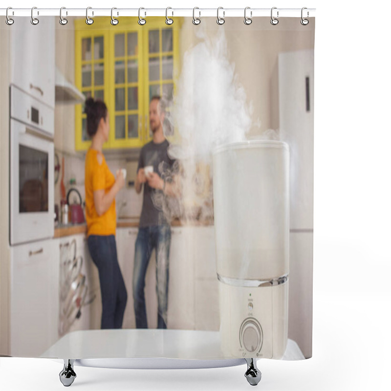 Personality  Humidifier In The Kitchen. A Man And A Woman On The Background  Shower Curtains