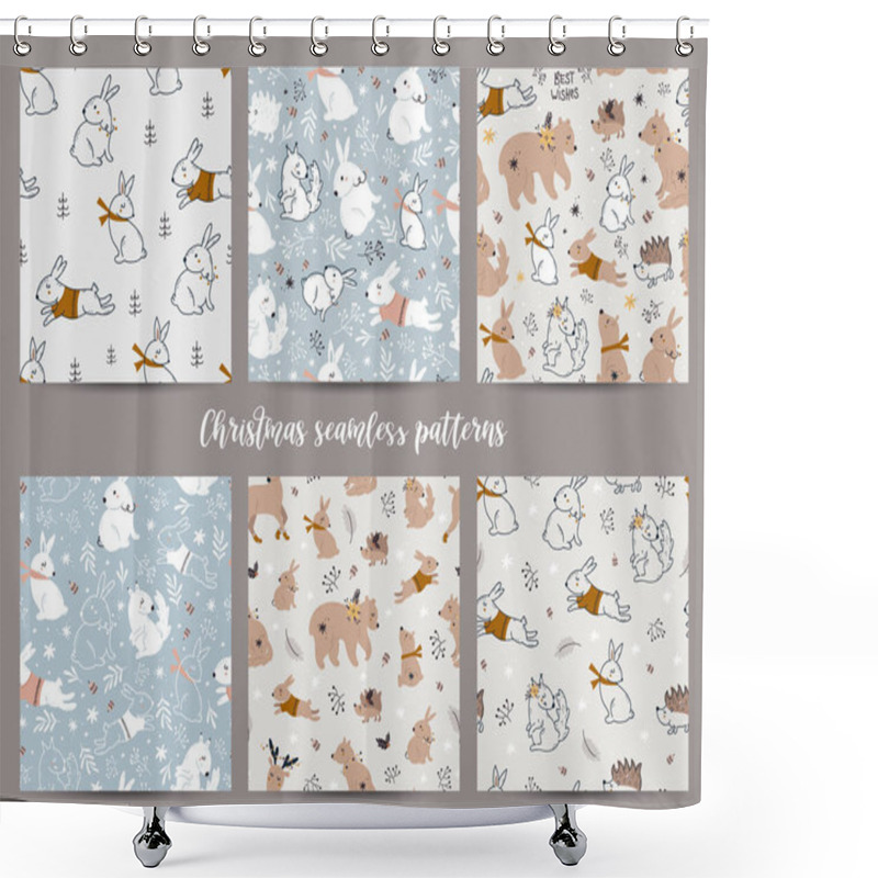 Personality  Christmas Seamless Pattern With Cute Forest Animals Collection Shower Curtains