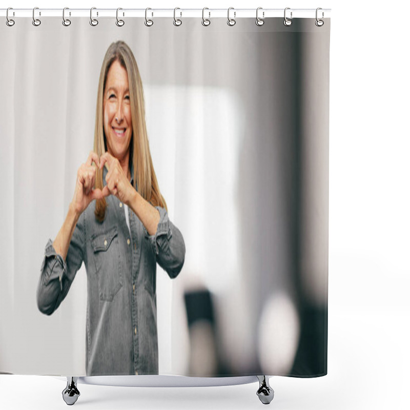 Personality  Senior Beautiful Woman Smiling, Looking Happy And In Love, Making The Shape Of A Heart With Hands. Shower Curtains