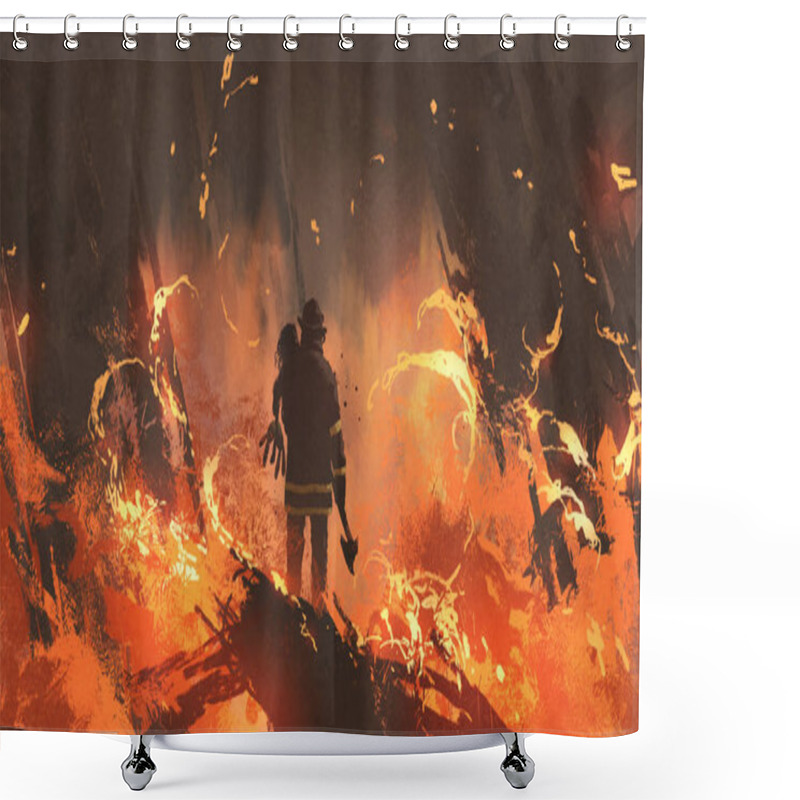 Personality  Firefighter Holding Girl Standing In Burning Buildings Shower Curtains