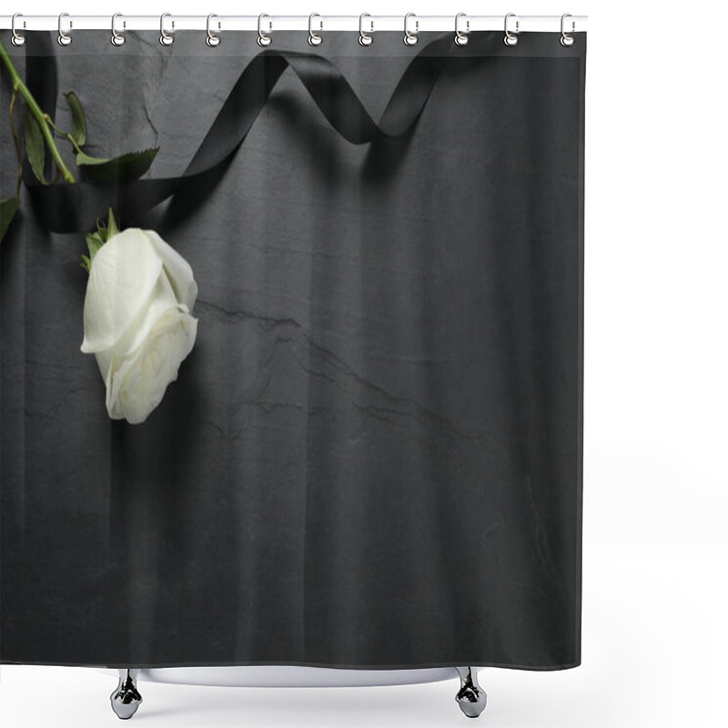 Personality  White Rose And Ribbon On Black Table, Flat Lay With Space For Text. Funeral Symbols Shower Curtains