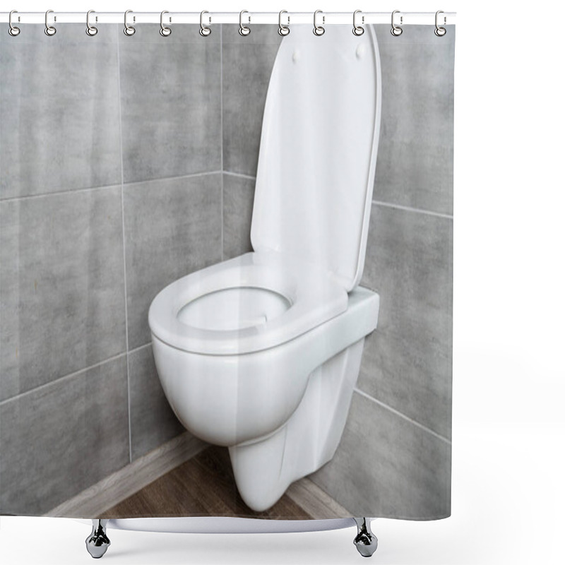 Personality  Clean Toilet Bowl With Open Seat In Modern Bathroom With Grey Tile Shower Curtains