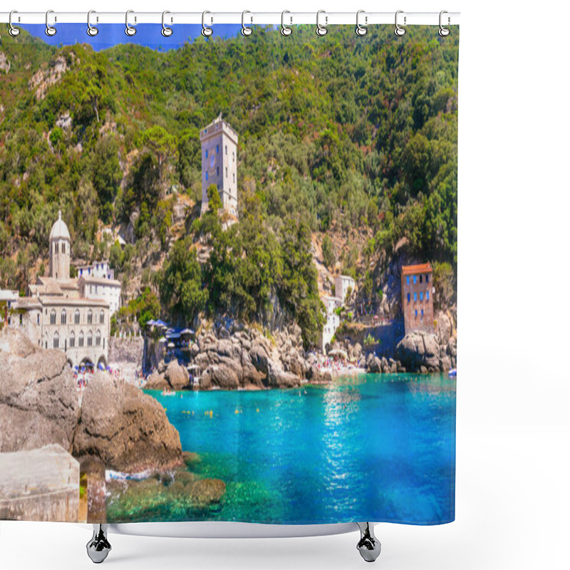 Personality  Best Beaches Of Italy - Scenic Small Beach And  San Fruttoso Monastery (abbey), Popular Tourist Destination In Liguria Shower Curtains