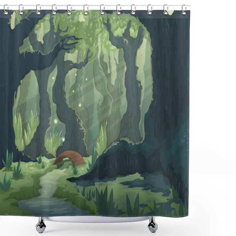 Personality  Forest Landscape With Trees, River And Bridge. Cartoon Fairytale Scenery Background. Vector Illustration. Shower Curtains