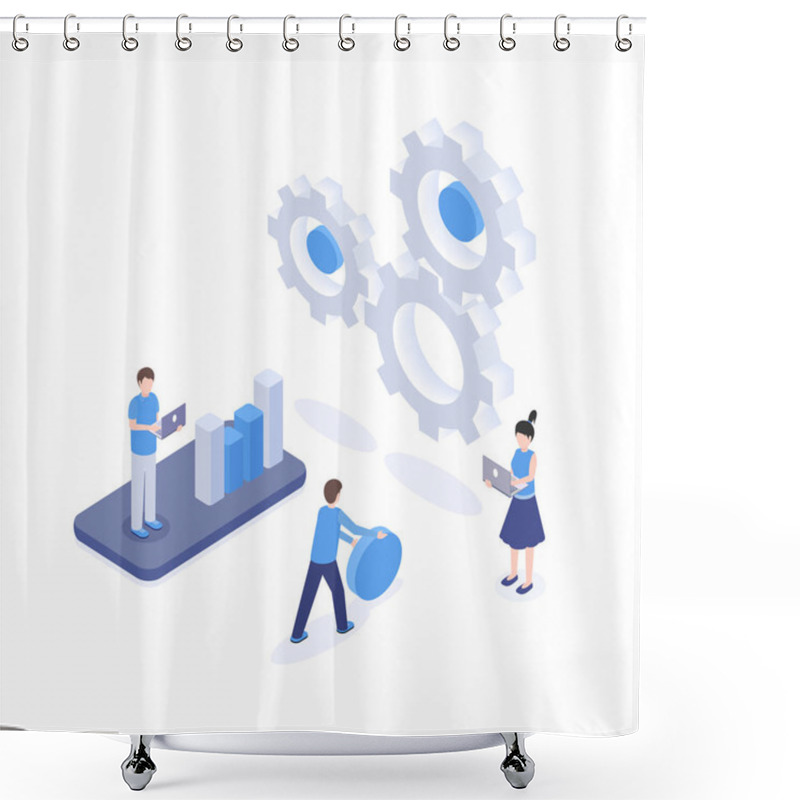 Personality  Software Optimization Vector Isometric Illustration. SEO, Digital Marketing Research, Analytics And Statistics, Mobile App Engineering Clipart. Analysts And Marketers Analyzing Diagram 3d Characters Shower Curtains