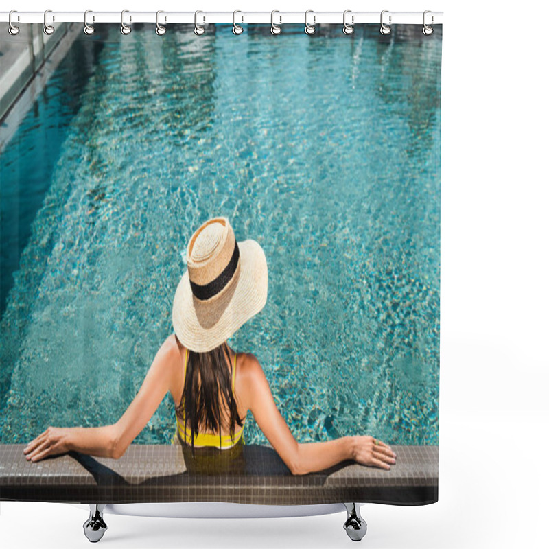 Personality  Back View On Woman In Straw Hat Relaxing In Swimming  Pool Shower Curtains