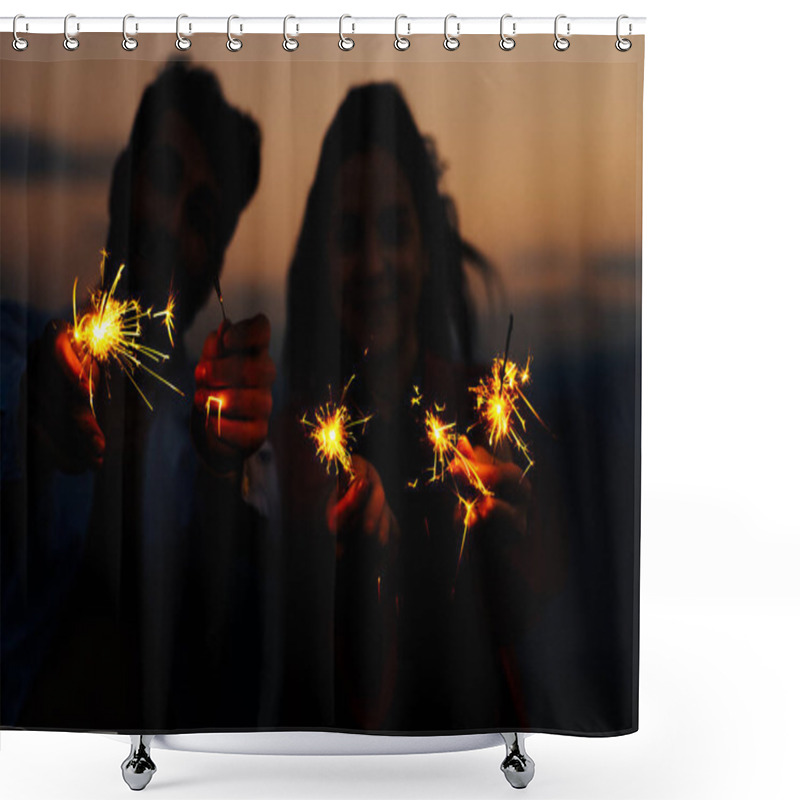 Personality  Sparklers In The Hands Of A Loving Couple Isolated On Sunset Sky Shower Curtains