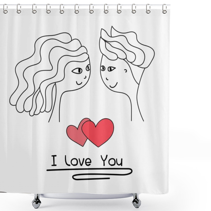 Personality  I Love You Typography. Cards Of Cute Couple. Doodle Boy And Girl Lovely Together Wedding Card. Handmade Vector Illustration. Shower Curtains