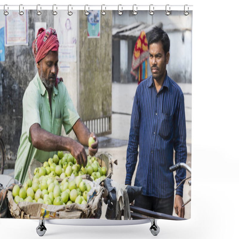 Personality  Burimari, Bangladesh, March 3 2017: Hawker With His Bike Sells Apples To A Local Shower Curtains