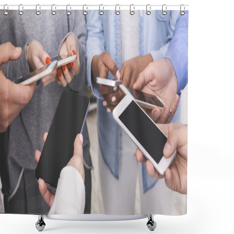 Personality  Group Of Unrecognizable Friends Using Smartphones With Black Screen, Sharing Media Shower Curtains